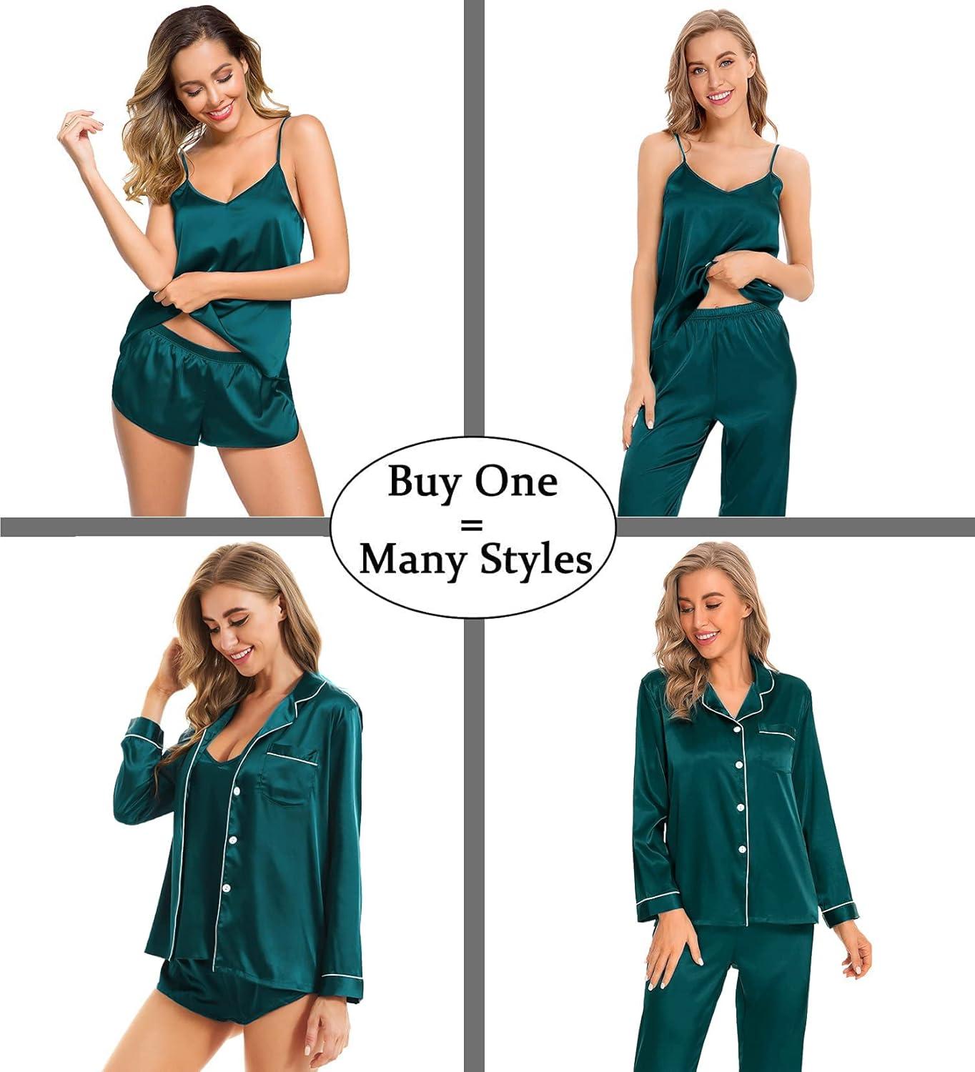 imageSWOMOG Womens 4pcs Pajamas Sets Silk Satin Pjs Sexy Cami Shorts Set Button Down Long Short Sleeve Sleepwear LoungewearDark Green