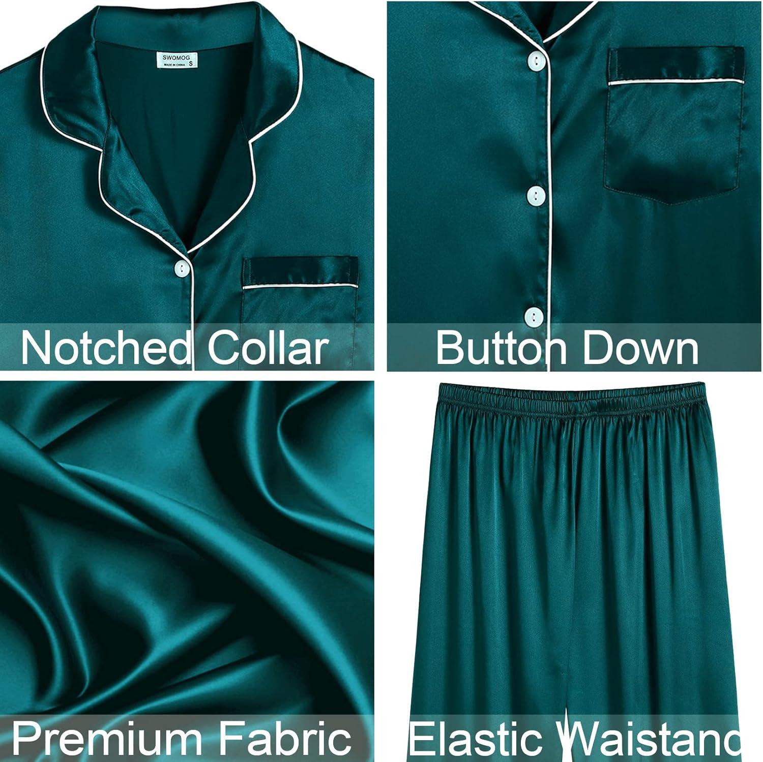 imageSWOMOG Womens 4pcs Pajamas Sets Silk Satin Pjs Sexy Cami Shorts Set Button Down Long Short Sleeve Sleepwear LoungewearDark Green