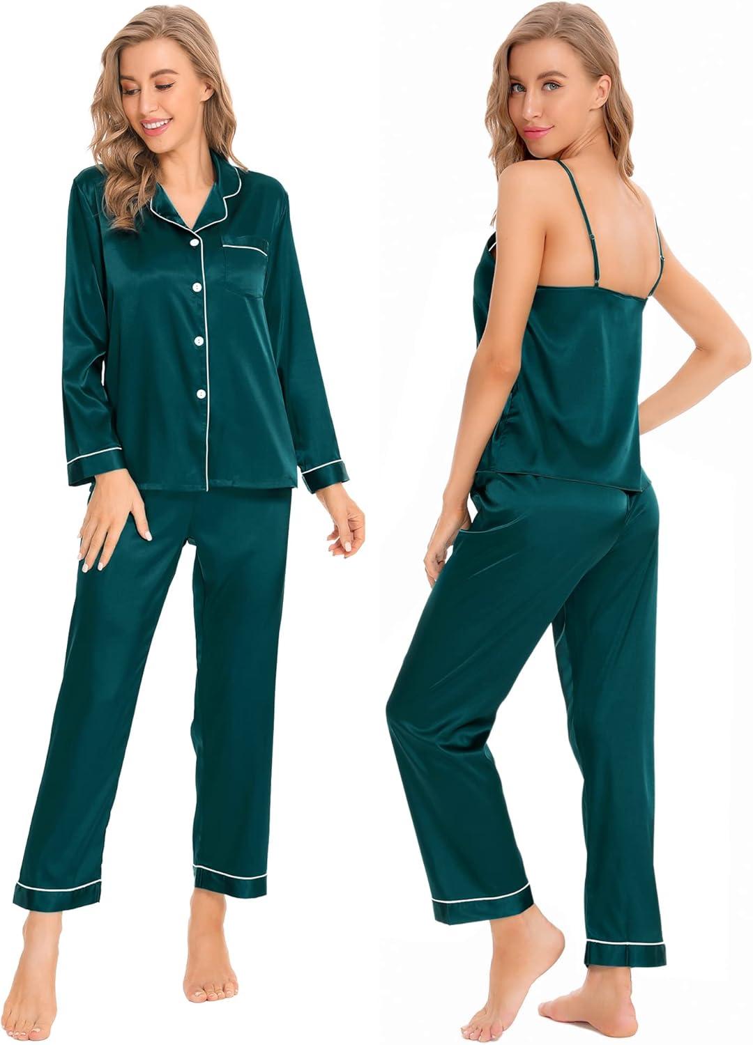 imageSWOMOG Womens 4pcs Pajamas Sets Silk Satin Pjs Sexy Cami Shorts Set Button Down Long Short Sleeve Sleepwear LoungewearDark Green