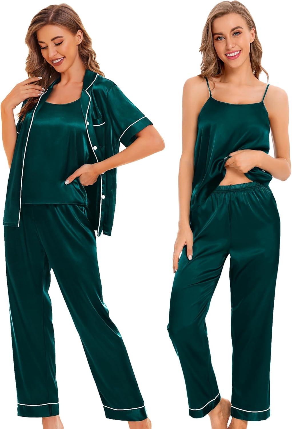 imageSWOMOG Womens 4pcs Pajamas Sets Silk Satin Pjs Sexy Cami Shorts Set Button Down Long Short Sleeve Sleepwear LoungewearDeep Green