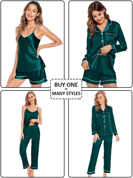 imageSWOMOG Womens 4pcs Pajamas Sets Silk Satin Pjs Sexy Cami Shorts Set Button Down Long Short Sleeve Sleepwear LoungewearDeep Green
