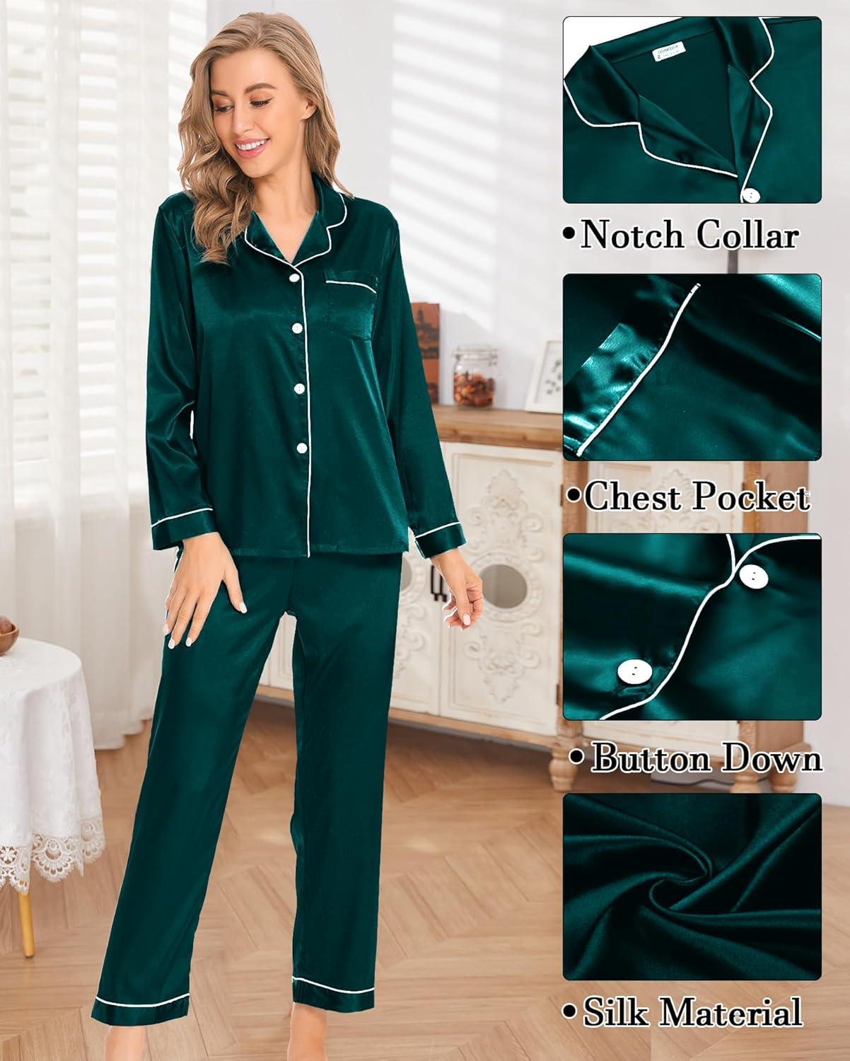 imageSWOMOG Womens 4pcs Pajamas Sets Silk Satin Pjs Sexy Cami Shorts Set Button Down Long Short Sleeve Sleepwear LoungewearDeep Green