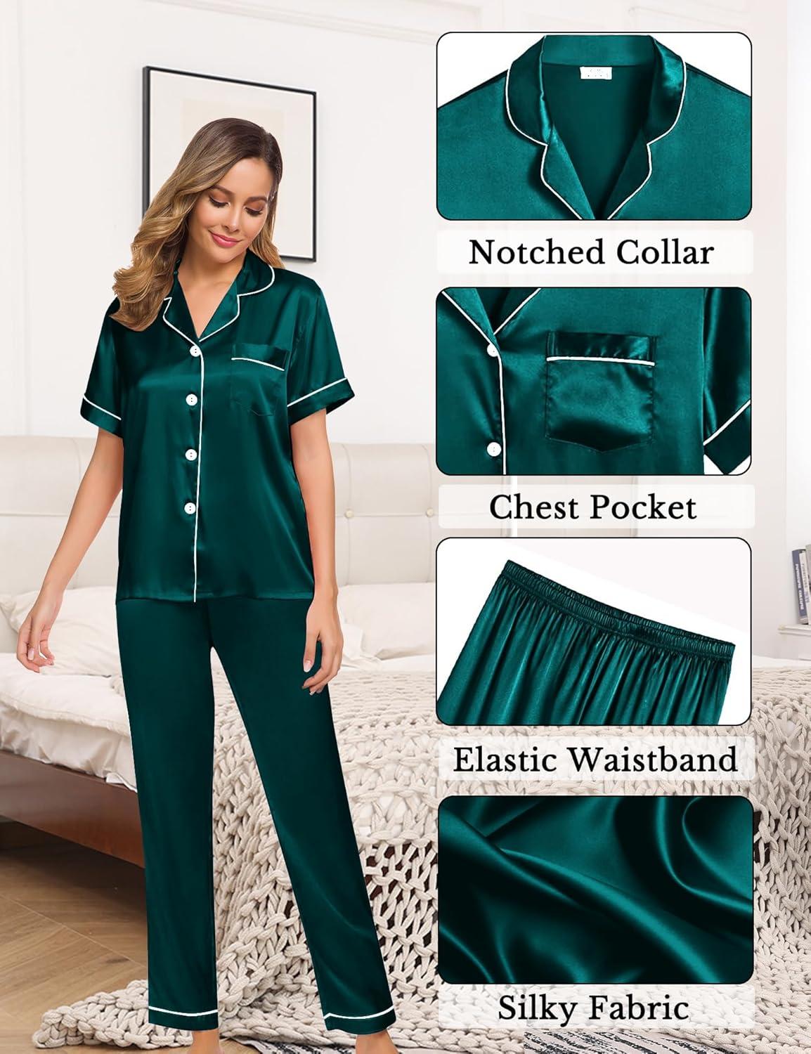 imageSWOMOG Womens 4pcs Pajamas Sets Silk Satin Pjs Sexy Cami Shorts Set Button Down Long Short Sleeve Sleepwear LoungewearDeep Green
