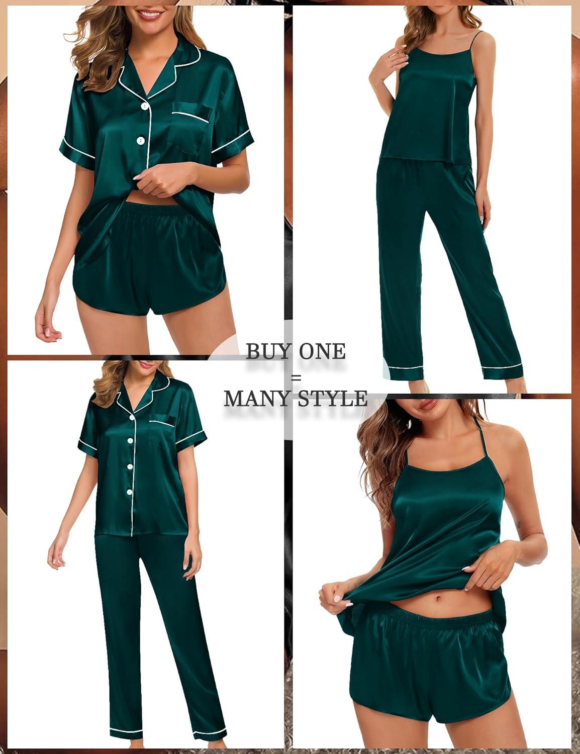 imageSWOMOG Womens 4pcs Pajamas Sets Silk Satin Pjs Sexy Cami Shorts Set Button Down Long Short Sleeve Sleepwear LoungewearDeep Green
