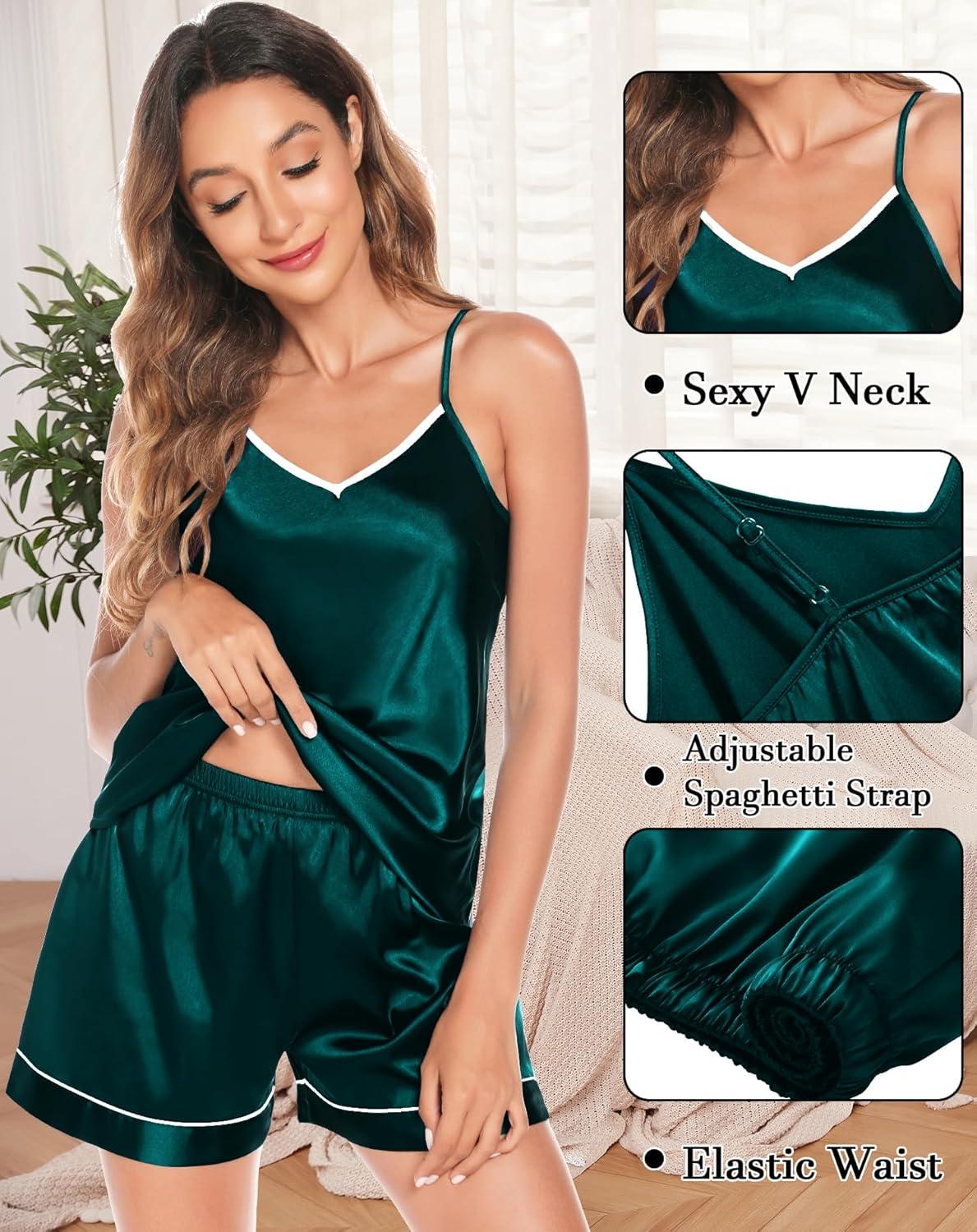 imageSWOMOG Womens 4pcs Pajamas Sets Silk Satin Pjs Sexy Cami Shorts Set Button Down Long Short Sleeve Sleepwear LoungewearDeep Green
