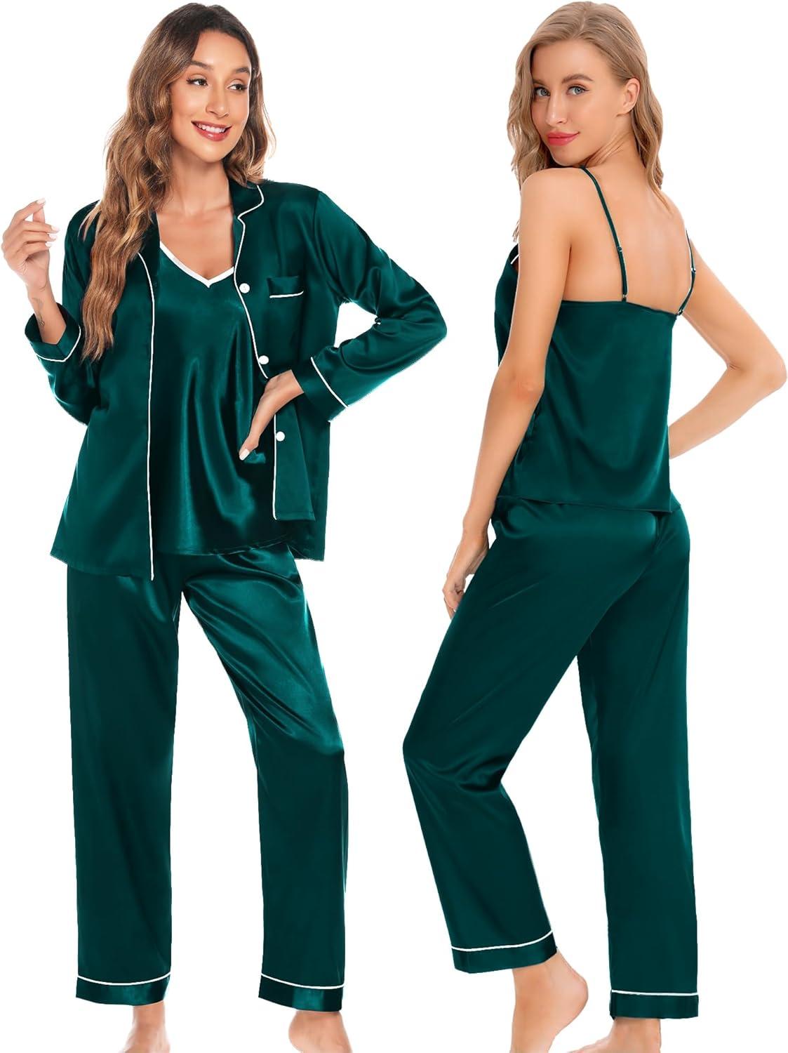 imageSWOMOG Womens 4pcs Pajamas Sets Silk Satin Pjs Sexy Cami Shorts Set Button Down Long Short Sleeve Sleepwear LoungewearDeep Green