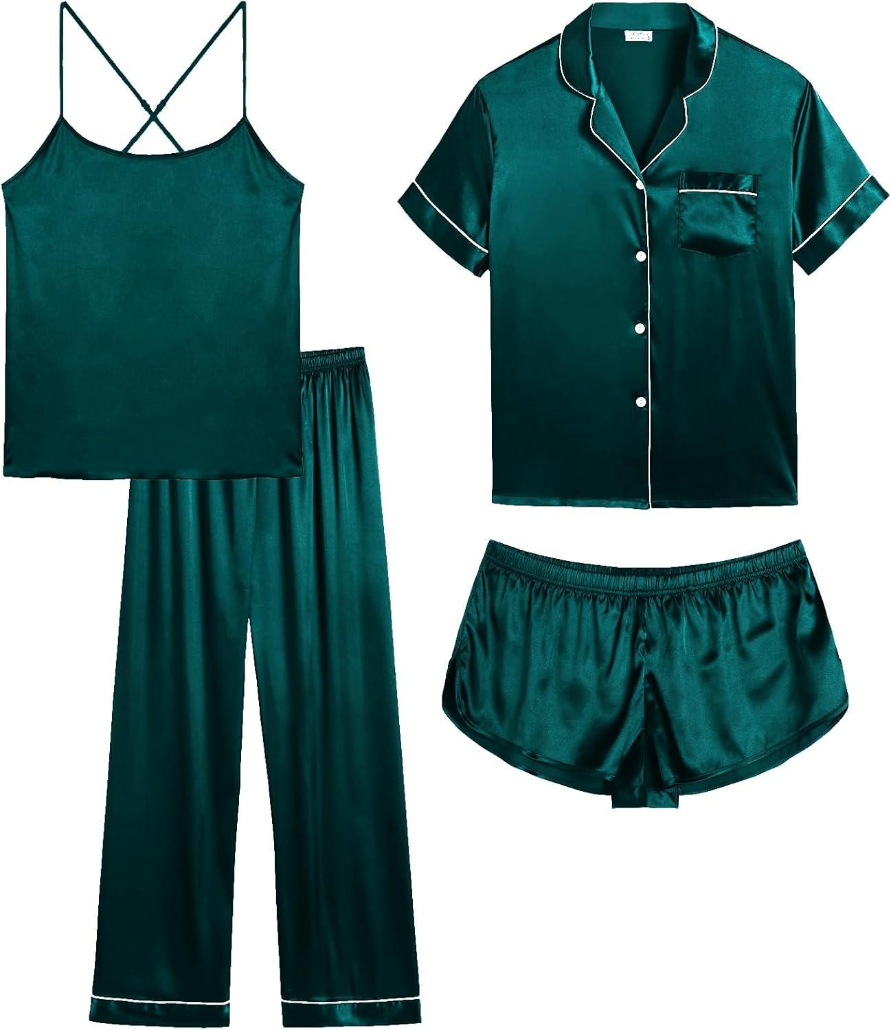 imageSWOMOG Womens 4pcs Pajamas Sets Silk Satin Pjs Sexy Cami Shorts Set Button Down Long Short Sleeve Sleepwear LoungewearDeep Green