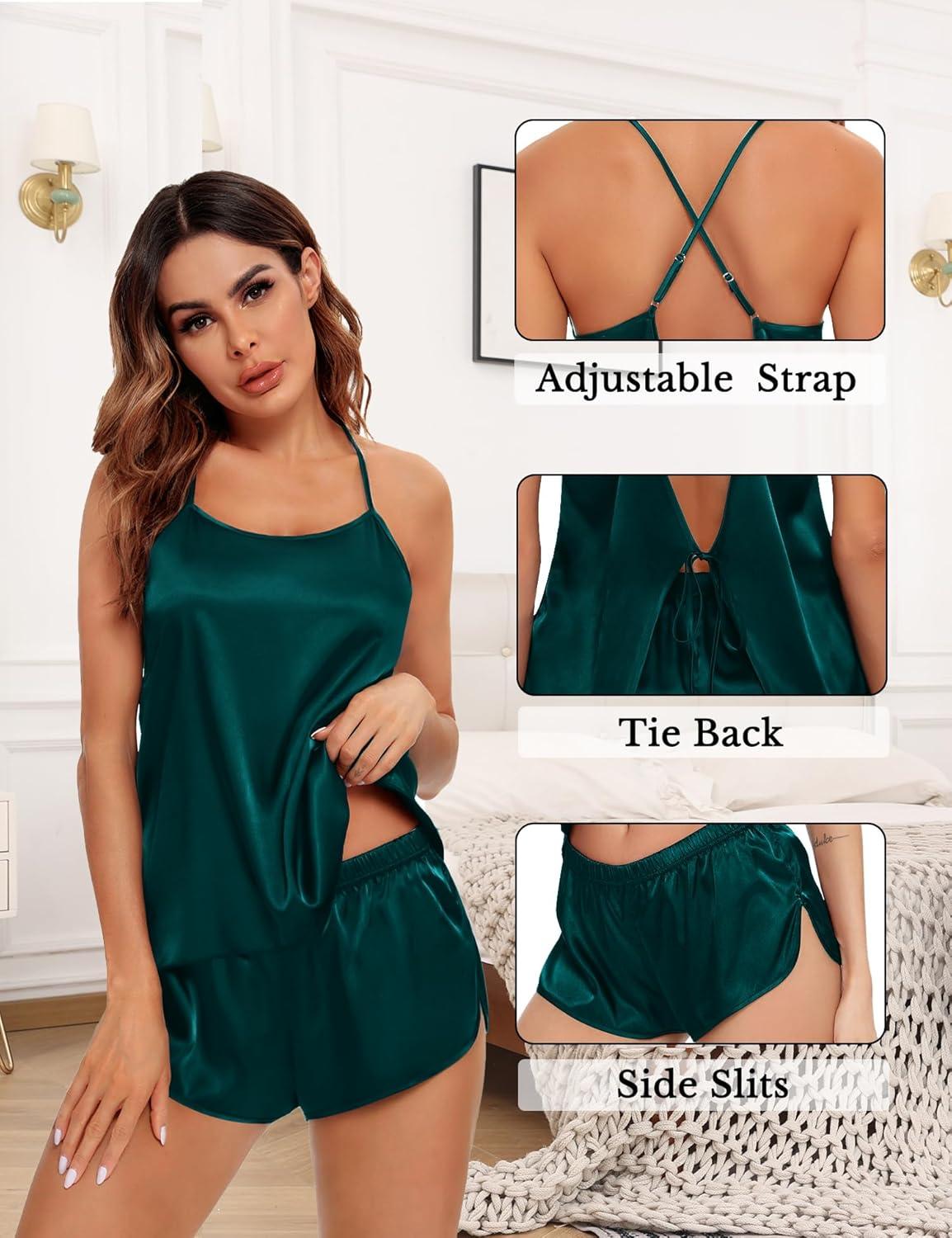 imageSWOMOG Womens 4pcs Pajamas Sets Silk Satin Pjs Sexy Cami Shorts Set Button Down Long Short Sleeve Sleepwear LoungewearDeep Green