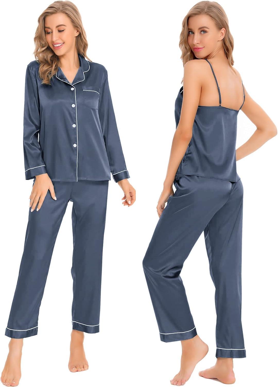 imageSWOMOG Womens 4pcs Pajamas Sets Silk Satin Pjs Sexy Cami Shorts Set Button Down Long Short Sleeve Sleepwear LoungewearDeep Grey