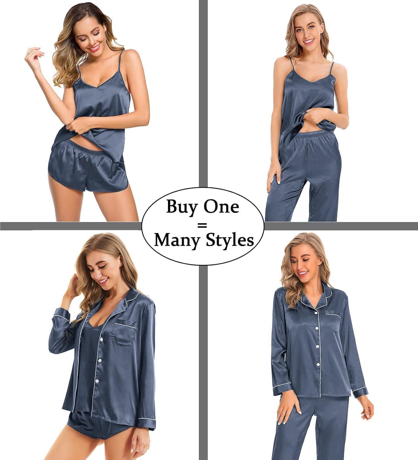 imageSWOMOG Womens 4pcs Pajamas Sets Silk Satin Pjs Sexy Cami Shorts Set Button Down Long Short Sleeve Sleepwear LoungewearDeep Grey