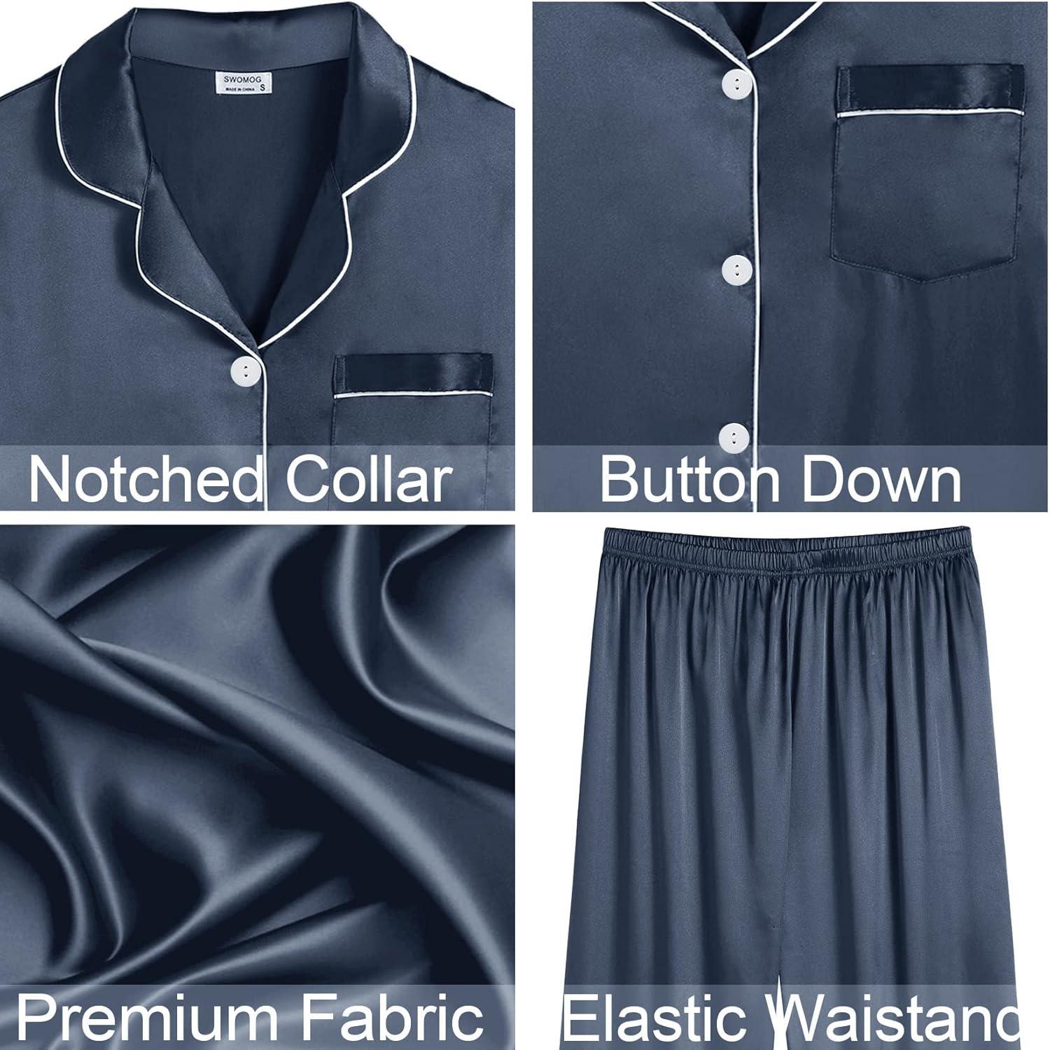 imageSWOMOG Womens 4pcs Pajamas Sets Silk Satin Pjs Sexy Cami Shorts Set Button Down Long Short Sleeve Sleepwear LoungewearDeep Grey