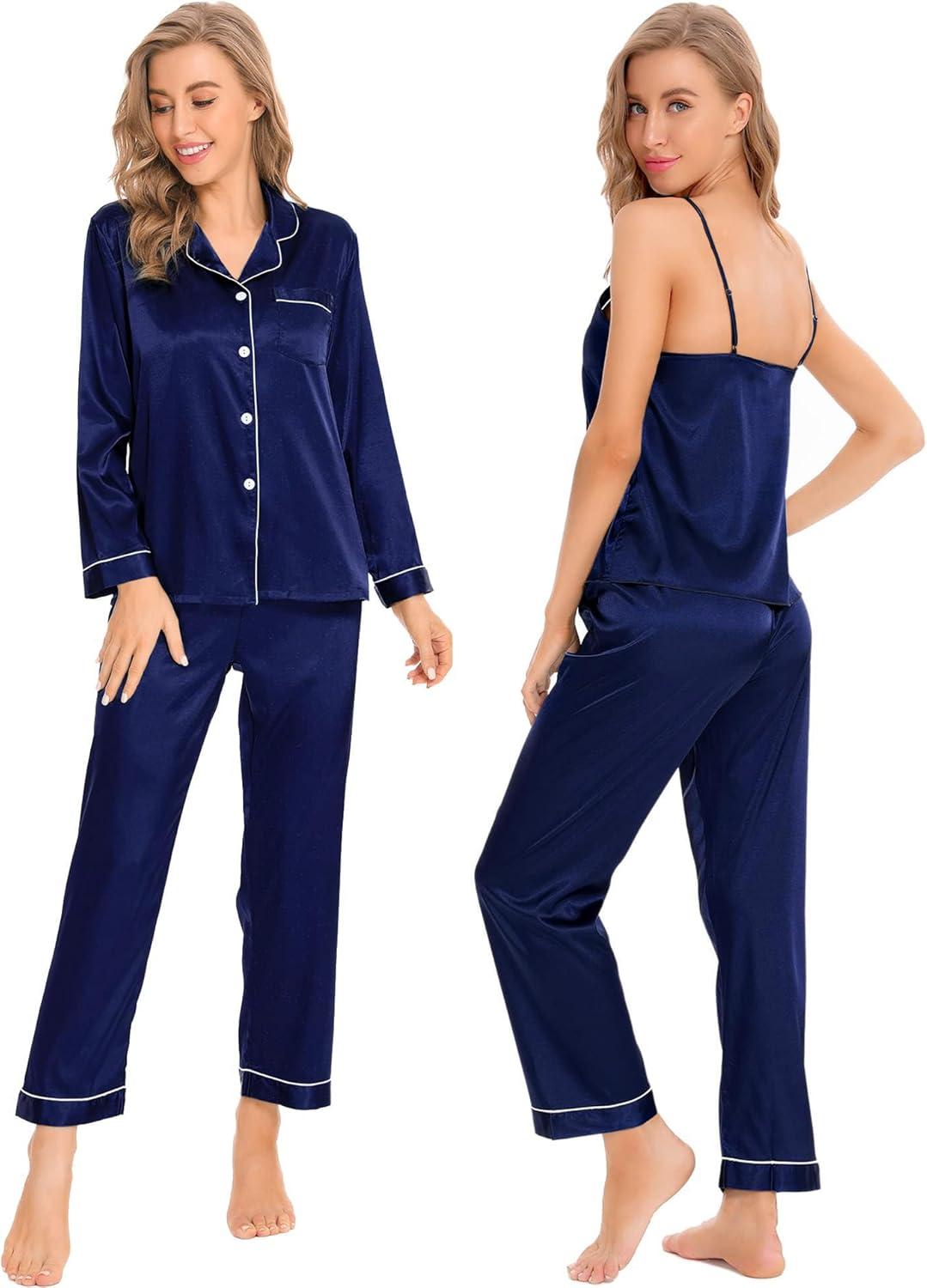 imageSWOMOG Womens 4pcs Pajamas Sets Silk Satin Pjs Sexy Cami Shorts Set Button Down Long Short Sleeve Sleepwear LoungewearDeep Navy Blue