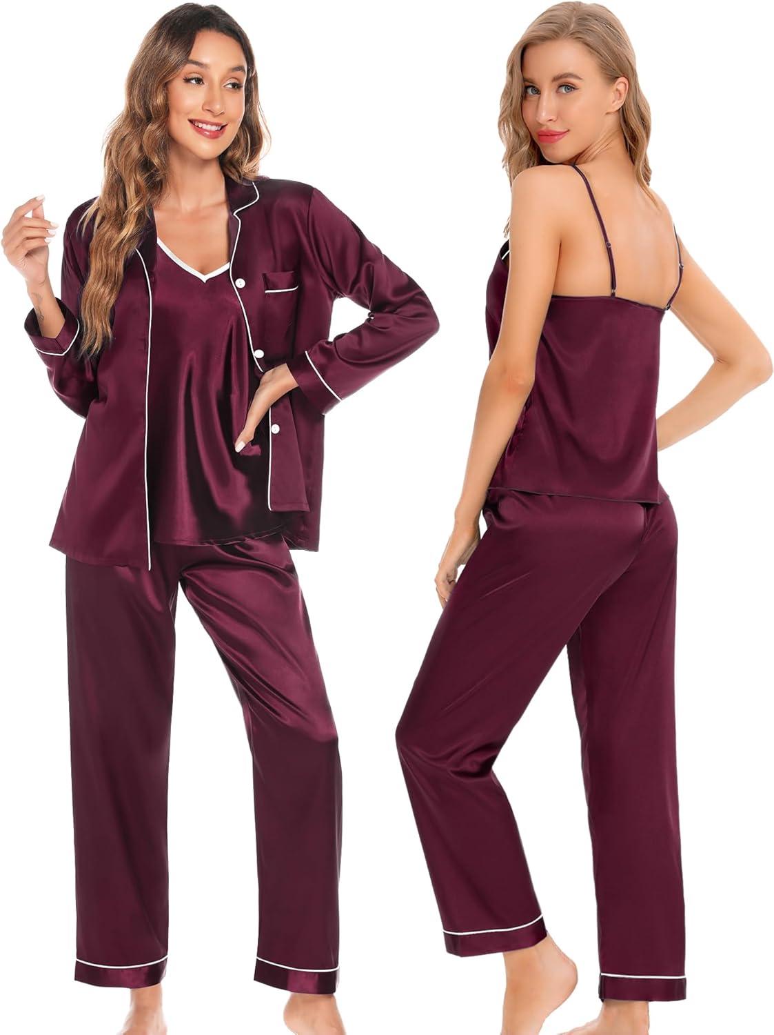 imageSWOMOG Womens 4pcs Pajamas Sets Silk Satin Pjs Sexy Cami Shorts Set Button Down Long Short Sleeve Sleepwear LoungewearDeep Wine Red