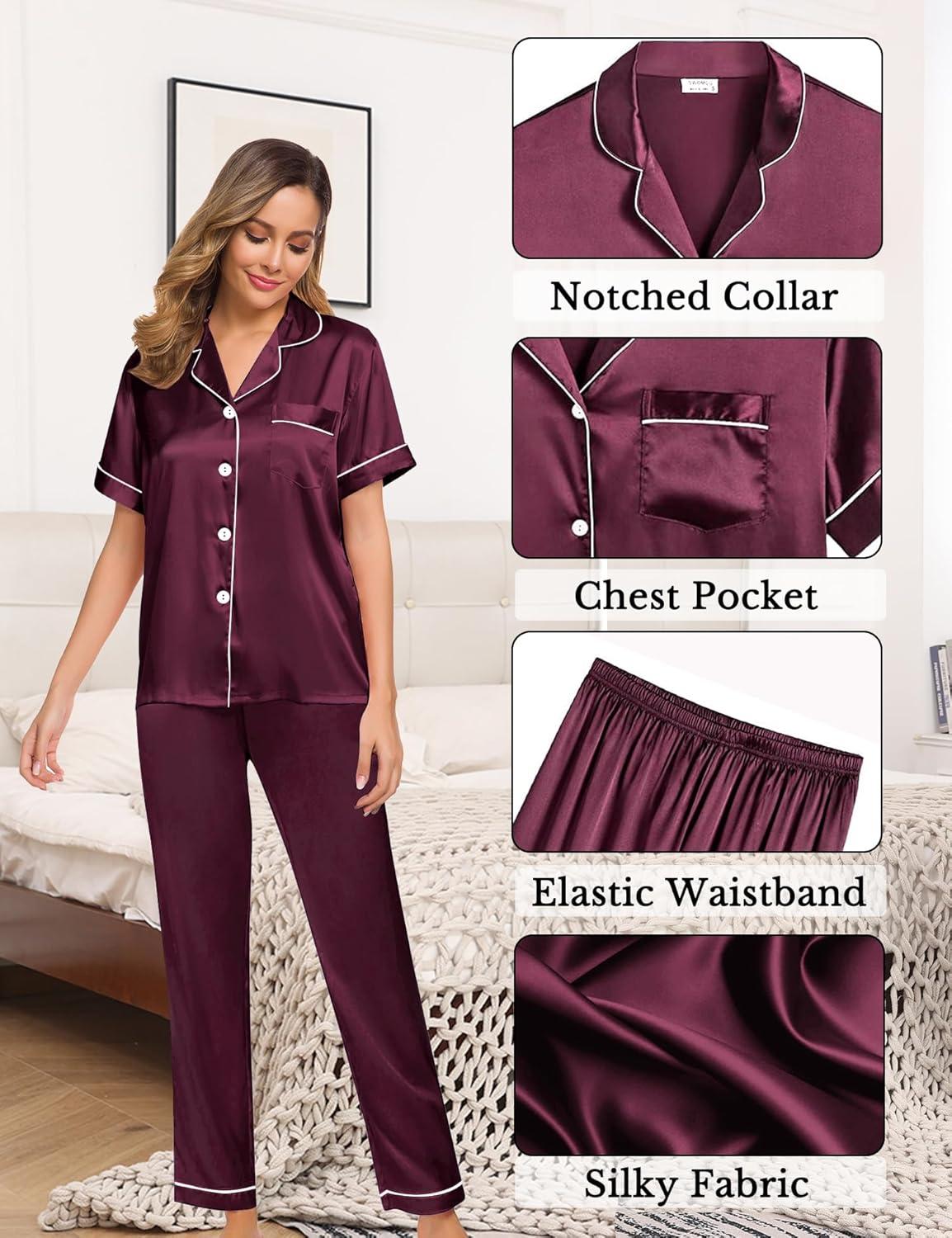 imageSWOMOG Womens 4pcs Pajamas Sets Silk Satin Pjs Sexy Cami Shorts Set Button Down Long Short Sleeve Sleepwear LoungewearDeep Wine Red