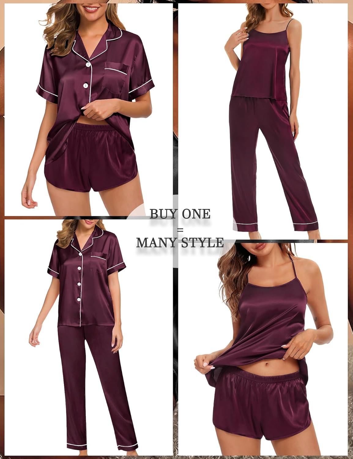 imageSWOMOG Womens 4pcs Pajamas Sets Silk Satin Pjs Sexy Cami Shorts Set Button Down Long Short Sleeve Sleepwear LoungewearDeep Wine Red