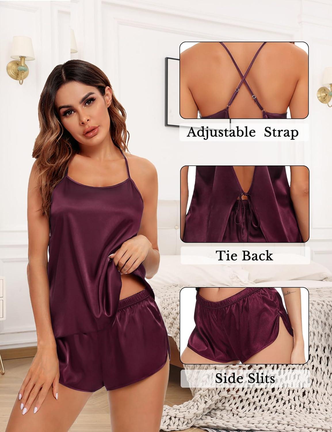 imageSWOMOG Womens 4pcs Pajamas Sets Silk Satin Pjs Sexy Cami Shorts Set Button Down Long Short Sleeve Sleepwear LoungewearDeep Wine Red