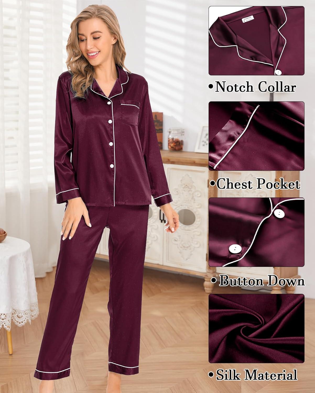 imageSWOMOG Womens 4pcs Pajamas Sets Silk Satin Pjs Sexy Cami Shorts Set Button Down Long Short Sleeve Sleepwear LoungewearDeep Wine Red