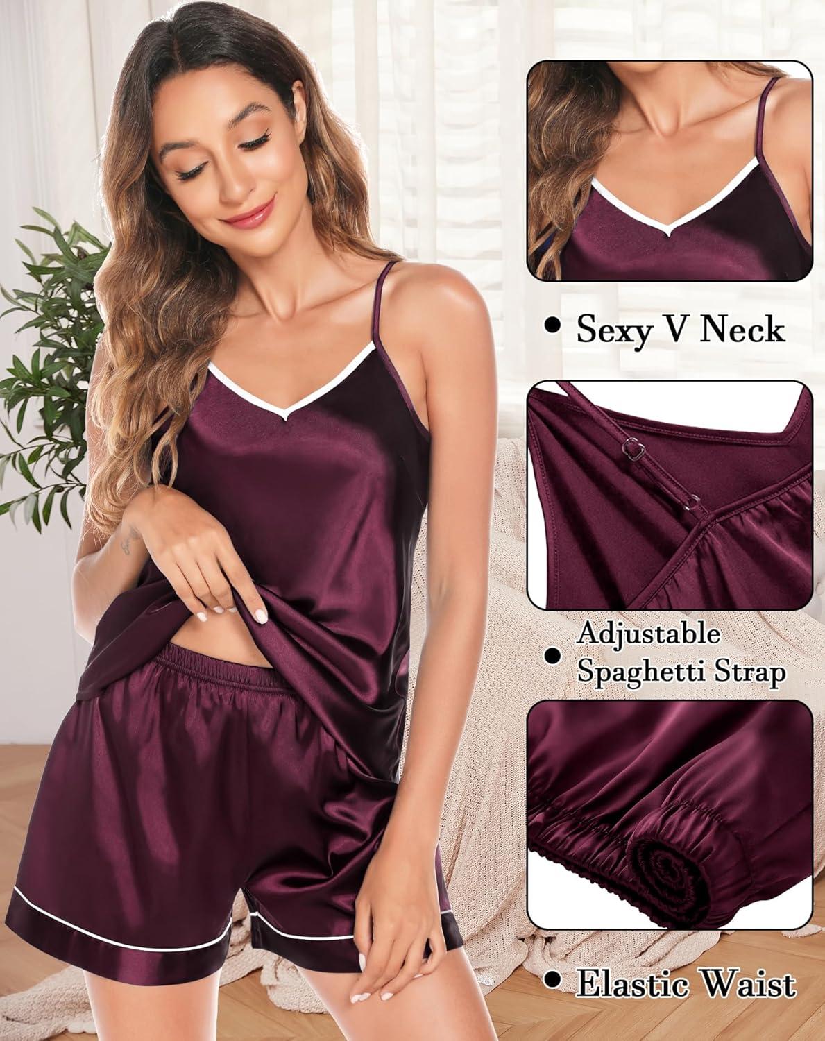 imageSWOMOG Womens 4pcs Pajamas Sets Silk Satin Pjs Sexy Cami Shorts Set Button Down Long Short Sleeve Sleepwear LoungewearDeep Wine Red