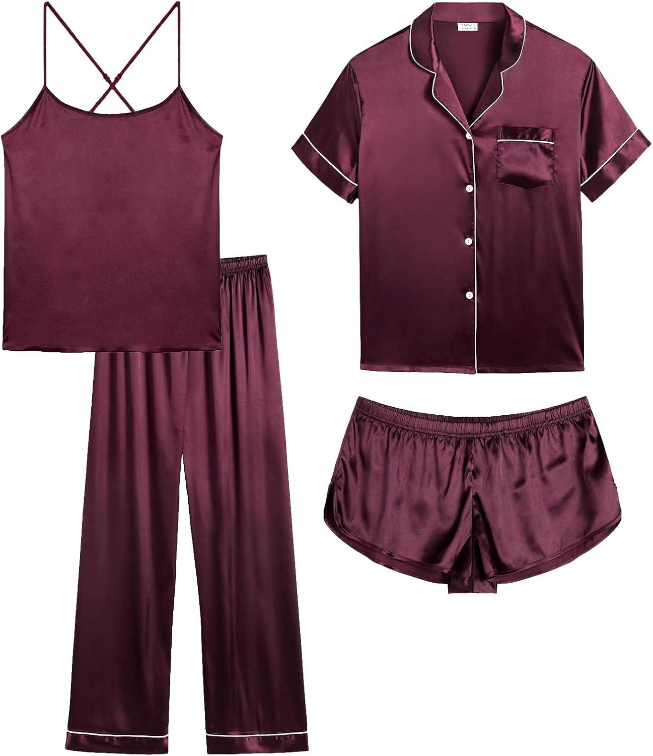 imageSWOMOG Womens 4pcs Pajamas Sets Silk Satin Pjs Sexy Cami Shorts Set Button Down Long Short Sleeve Sleepwear LoungewearDeep Wine Red