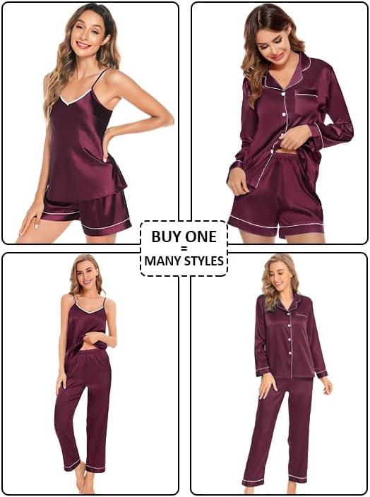 imageSWOMOG Womens 4pcs Pajamas Sets Silk Satin Pjs Sexy Cami Shorts Set Button Down Long Short Sleeve Sleepwear LoungewearDeep Wine Red