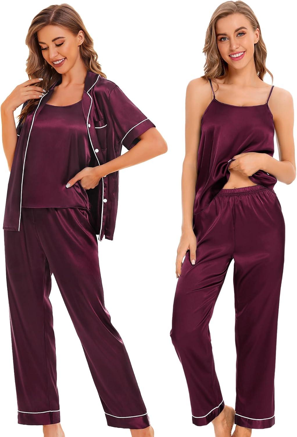 imageSWOMOG Womens 4pcs Pajamas Sets Silk Satin Pjs Sexy Cami Shorts Set Button Down Long Short Sleeve Sleepwear LoungewearDeep Wine Red