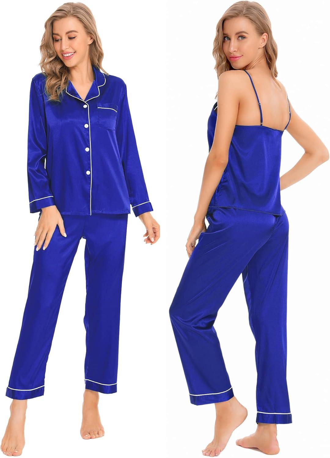 imageSWOMOG Womens 4pcs Pajamas Sets Silk Satin Pjs Sexy Cami Shorts Set Button Down Long Short Sleeve Sleepwear LoungewearLight Blue