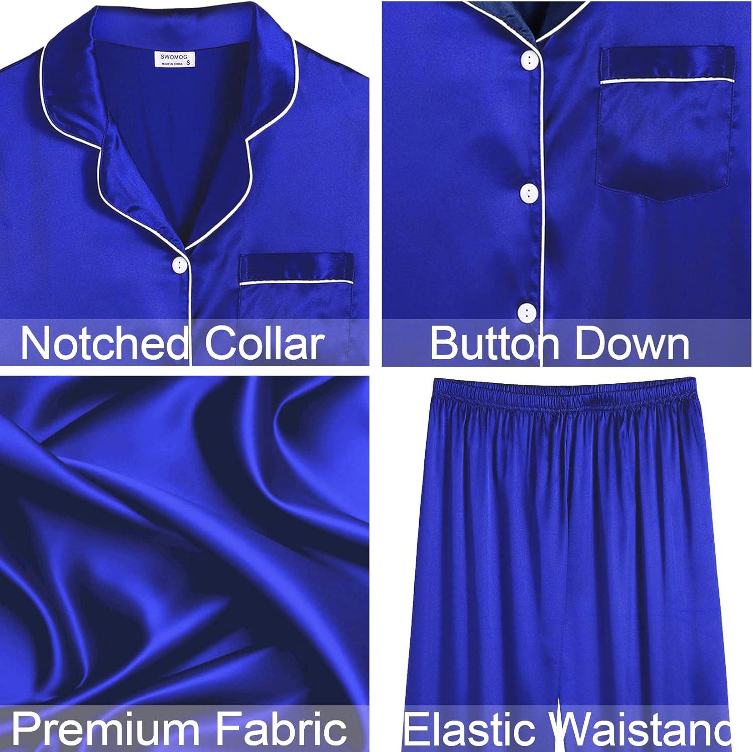 imageSWOMOG Womens 4pcs Pajamas Sets Silk Satin Pjs Sexy Cami Shorts Set Button Down Long Short Sleeve Sleepwear LoungewearLight Blue