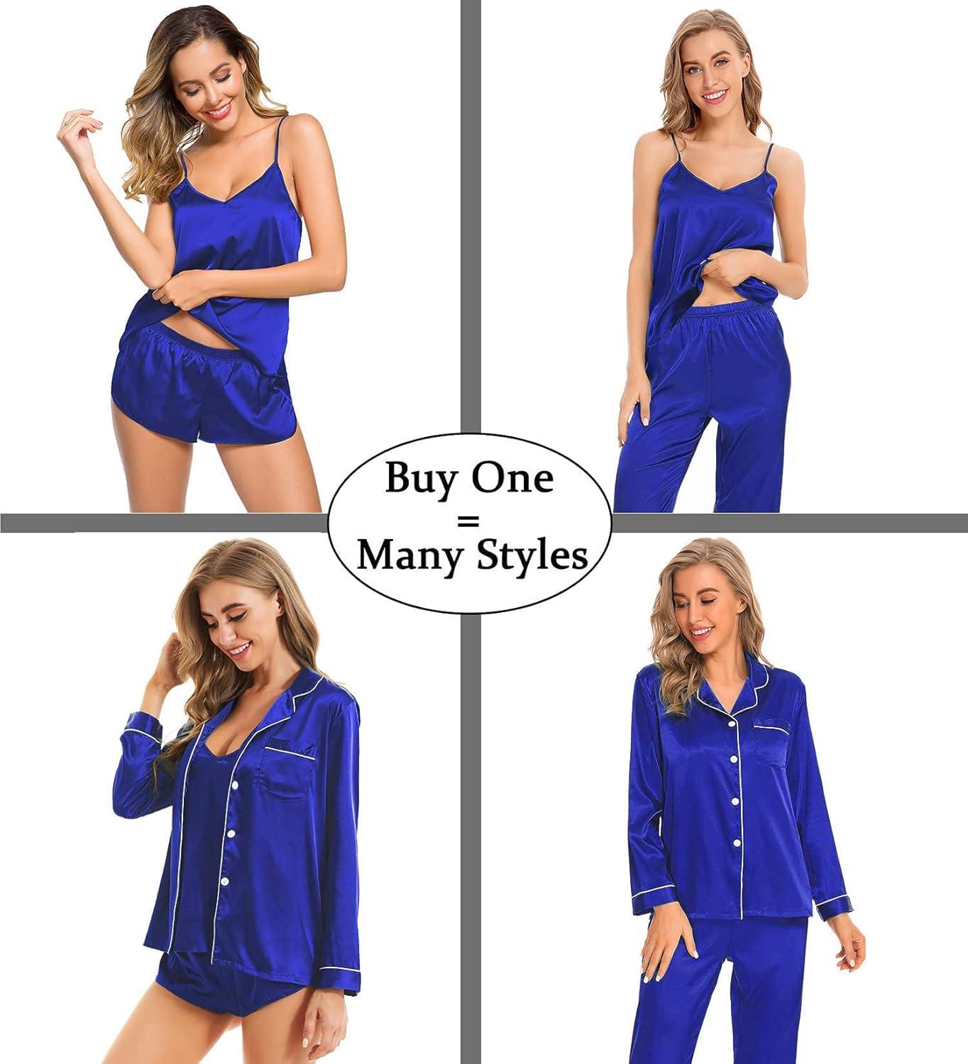 imageSWOMOG Womens 4pcs Pajamas Sets Silk Satin Pjs Sexy Cami Shorts Set Button Down Long Short Sleeve Sleepwear LoungewearLight Blue