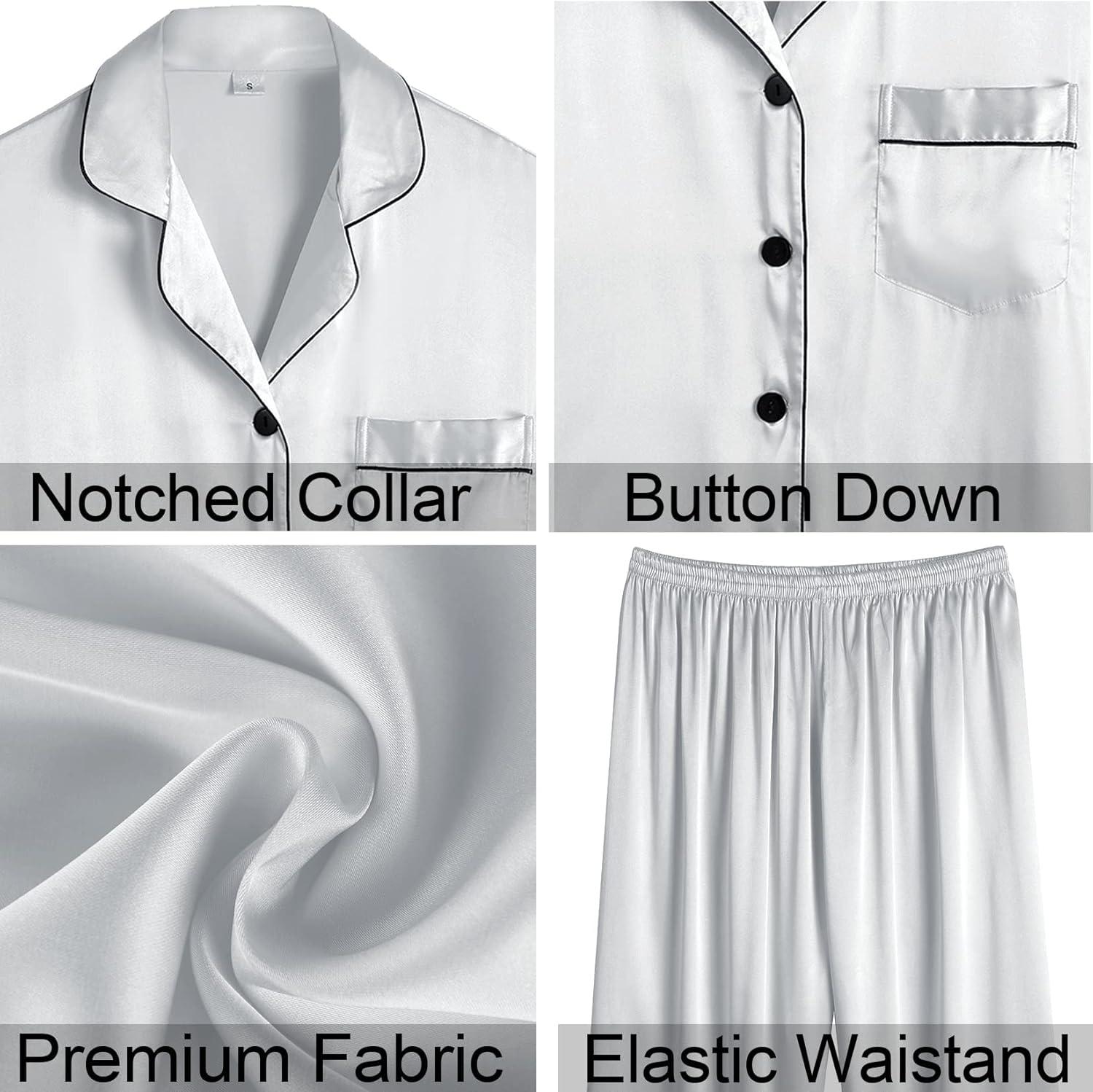 imageSWOMOG Womens 4pcs Pajamas Sets Silk Satin Pjs Sexy Cami Shorts Set Button Down Long Short Sleeve Sleepwear LoungewearLight Grey