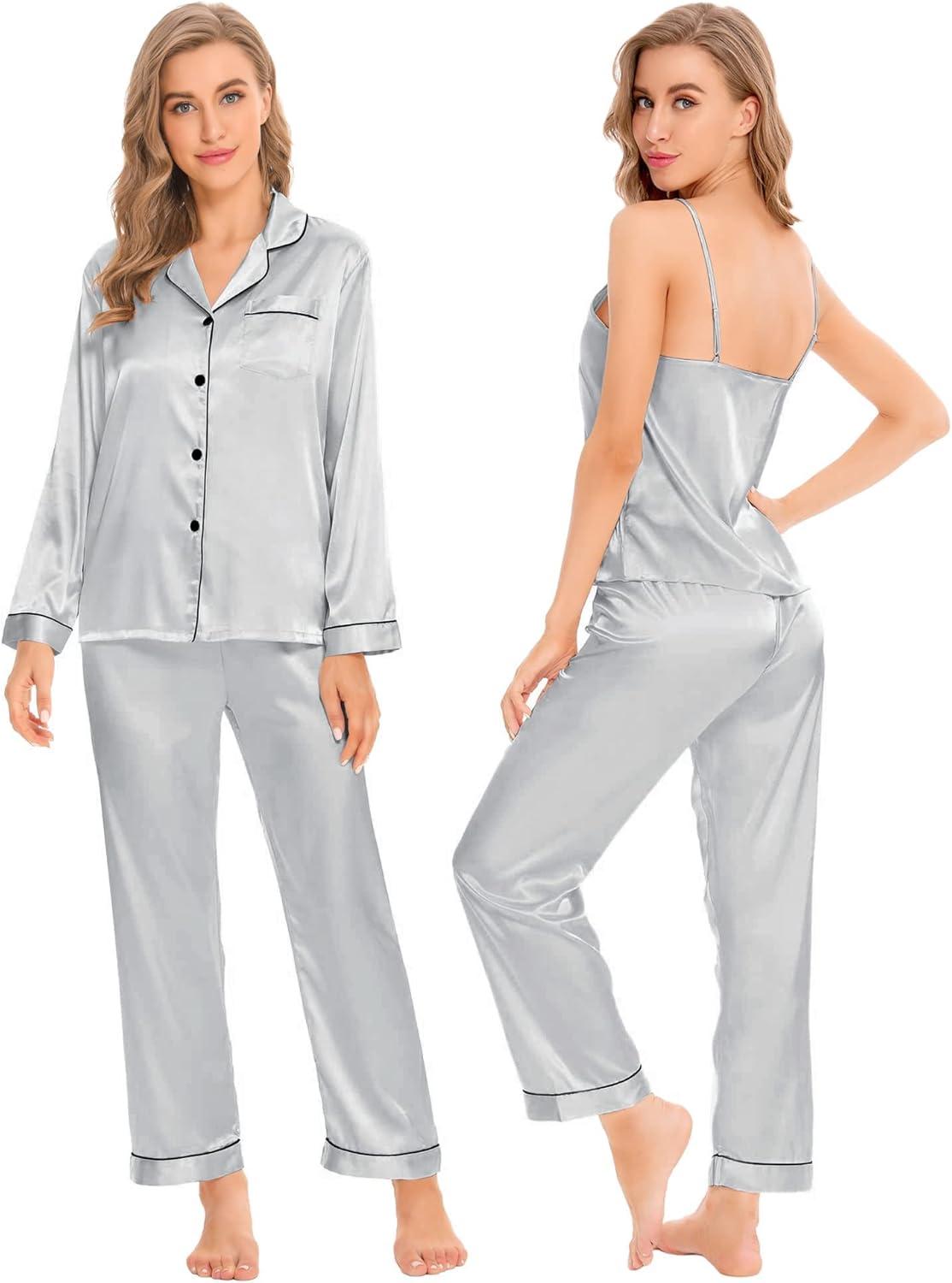 imageSWOMOG Womens 4pcs Pajamas Sets Silk Satin Pjs Sexy Cami Shorts Set Button Down Long Short Sleeve Sleepwear LoungewearLight Grey