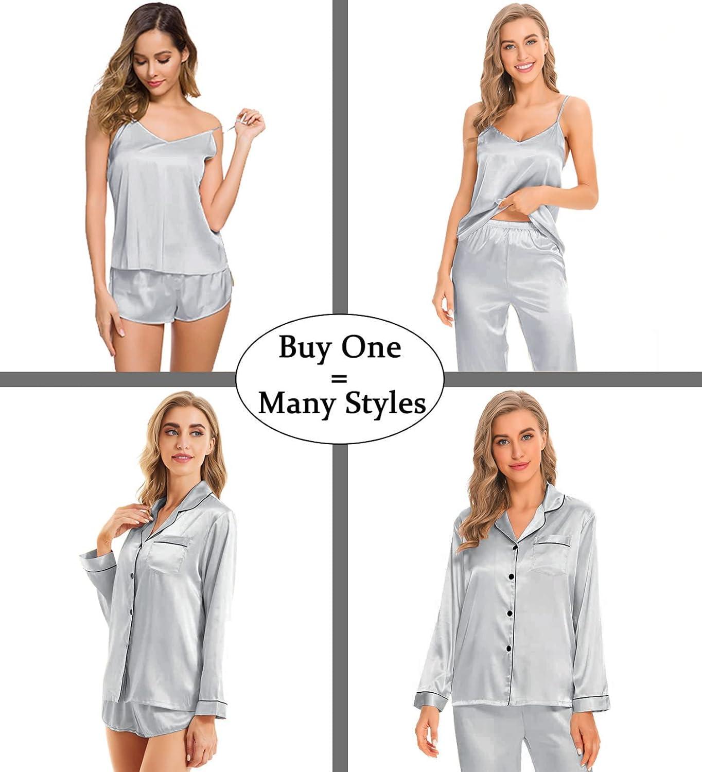 imageSWOMOG Womens 4pcs Pajamas Sets Silk Satin Pjs Sexy Cami Shorts Set Button Down Long Short Sleeve Sleepwear LoungewearLight Grey