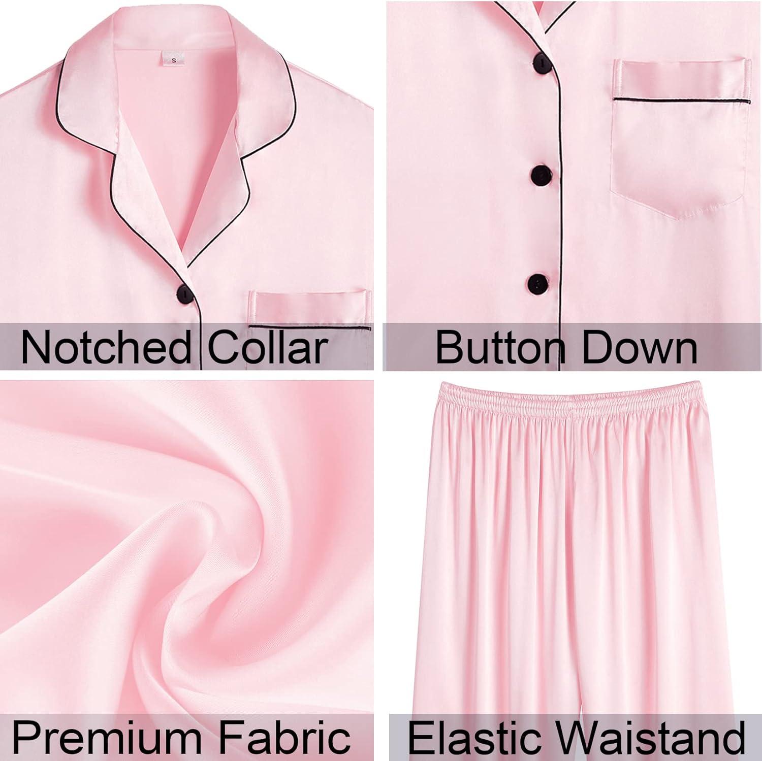 imageSWOMOG Womens 4pcs Pajamas Sets Silk Satin Pjs Sexy Cami Shorts Set Button Down Long Short Sleeve Sleepwear LoungewearLight Pink
