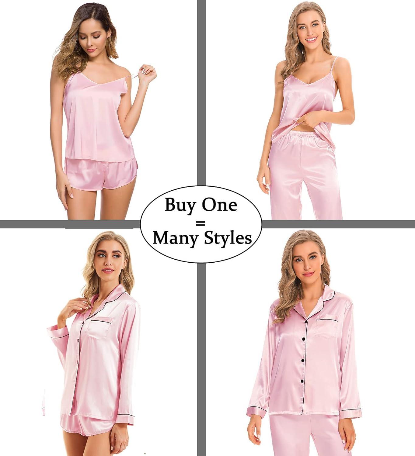 imageSWOMOG Womens 4pcs Pajamas Sets Silk Satin Pjs Sexy Cami Shorts Set Button Down Long Short Sleeve Sleepwear LoungewearLight Pink
