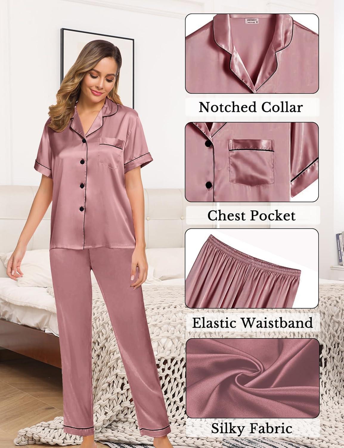imageSWOMOG Womens 4pcs Pajamas Sets Silk Satin Pjs Sexy Cami Shorts Set Button Down Long Short Sleeve Sleepwear LoungewearMisty Rose