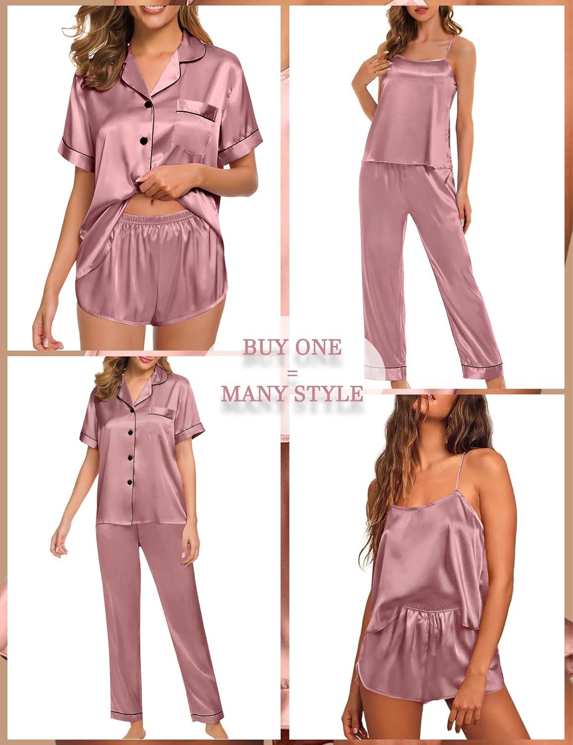 imageSWOMOG Womens 4pcs Pajamas Sets Silk Satin Pjs Sexy Cami Shorts Set Button Down Long Short Sleeve Sleepwear LoungewearMisty Rose