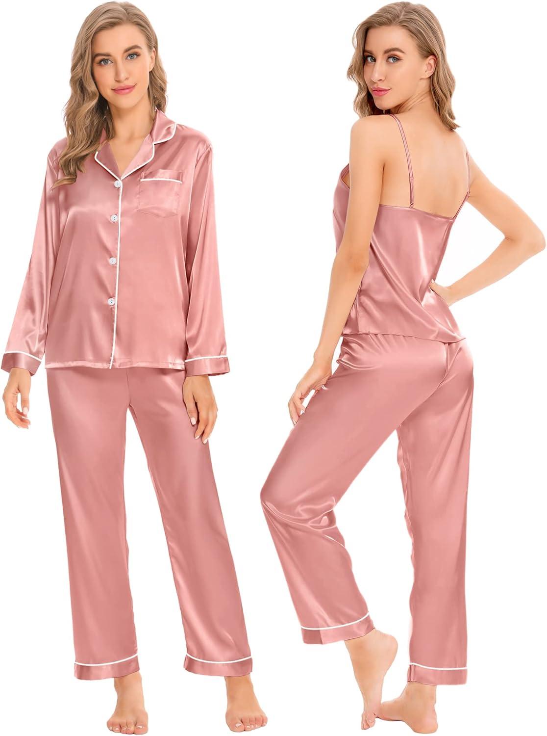 imageSWOMOG Womens 4pcs Pajamas Sets Silk Satin Pjs Sexy Cami Shorts Set Button Down Long Short Sleeve Sleepwear LoungewearMisty Rose