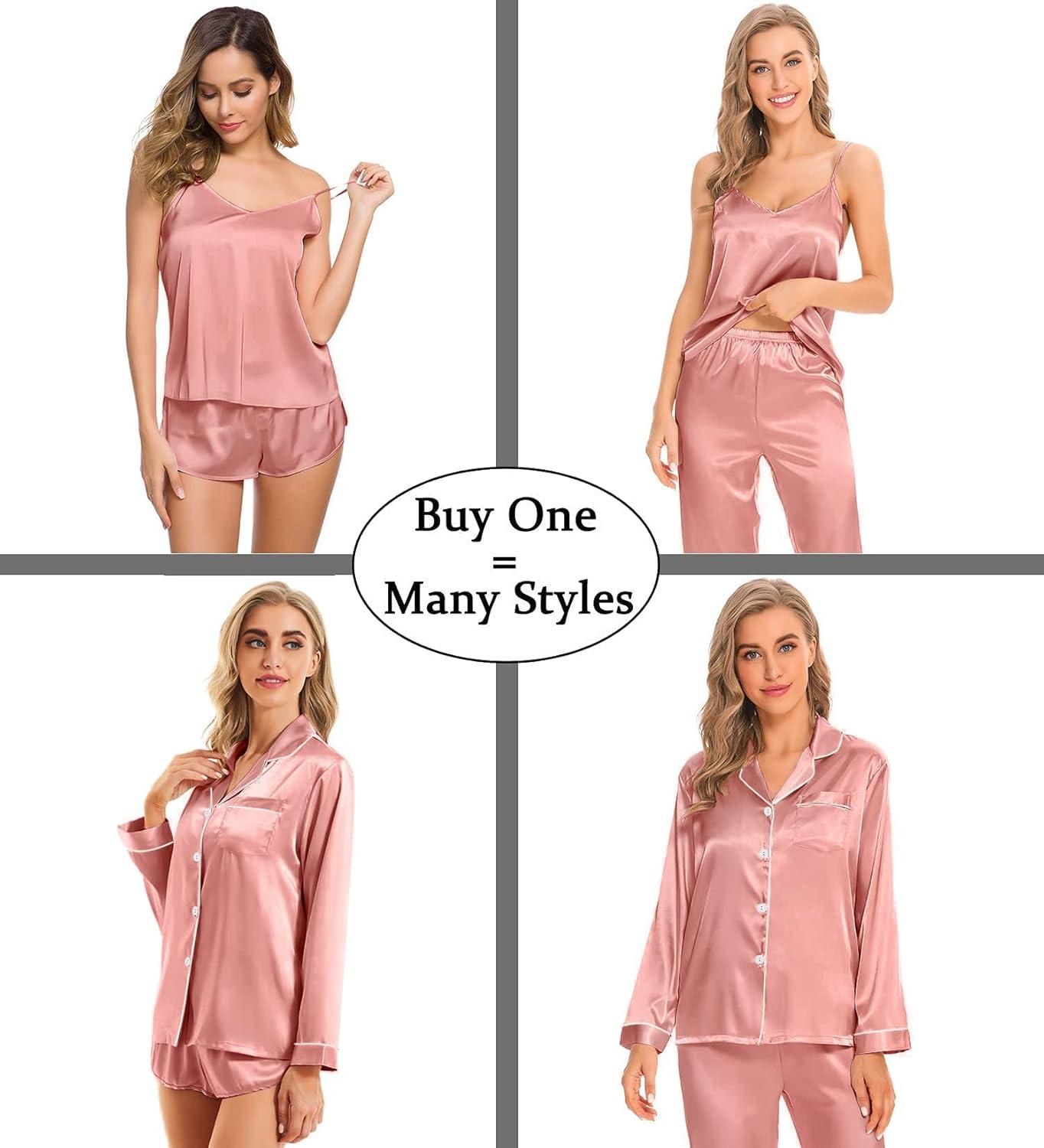 imageSWOMOG Womens 4pcs Pajamas Sets Silk Satin Pjs Sexy Cami Shorts Set Button Down Long Short Sleeve Sleepwear LoungewearMisty Rose