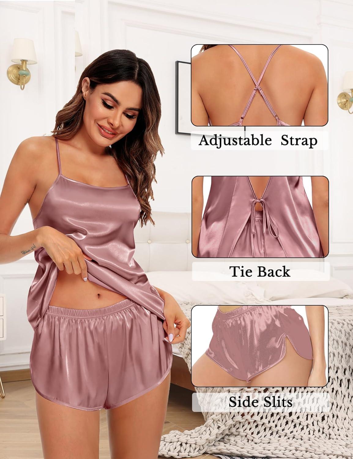 imageSWOMOG Womens 4pcs Pajamas Sets Silk Satin Pjs Sexy Cami Shorts Set Button Down Long Short Sleeve Sleepwear LoungewearMisty Rose