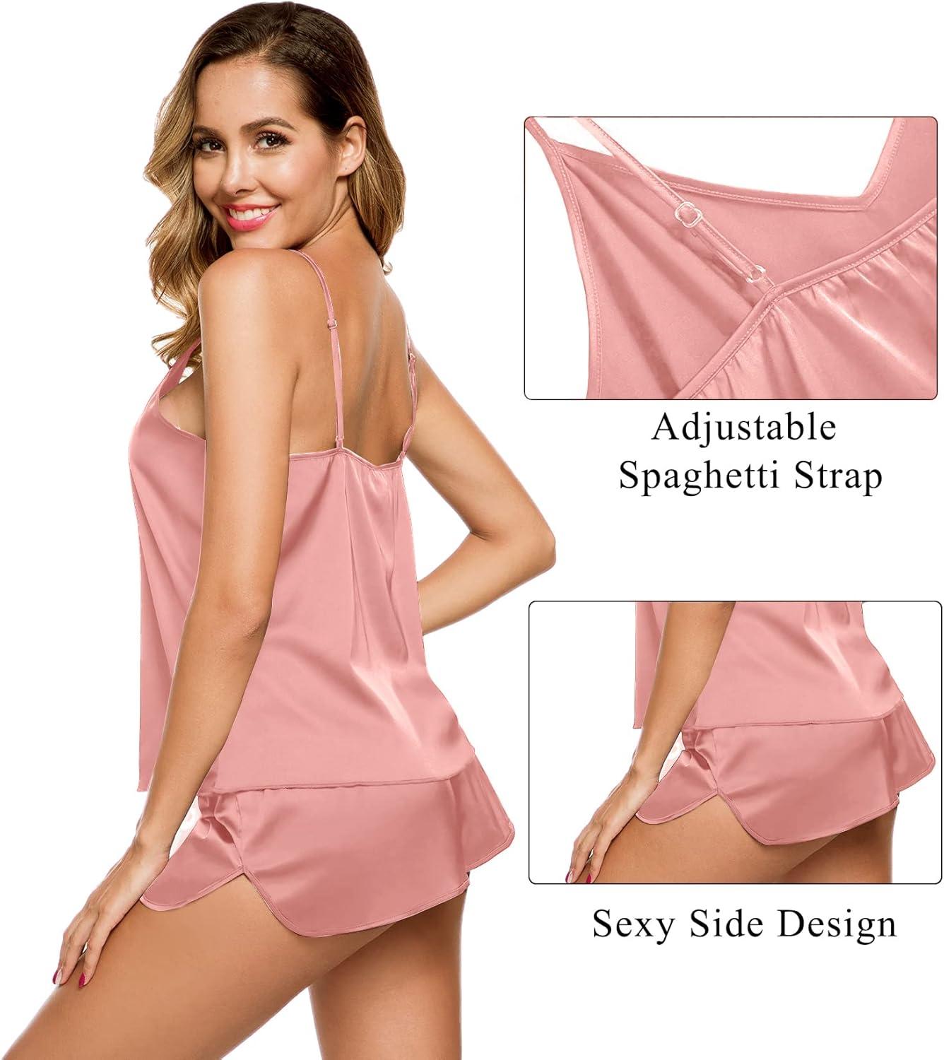 imageSWOMOG Womens 4pcs Pajamas Sets Silk Satin Pjs Sexy Cami Shorts Set Button Down Long Short Sleeve Sleepwear LoungewearMisty Rose