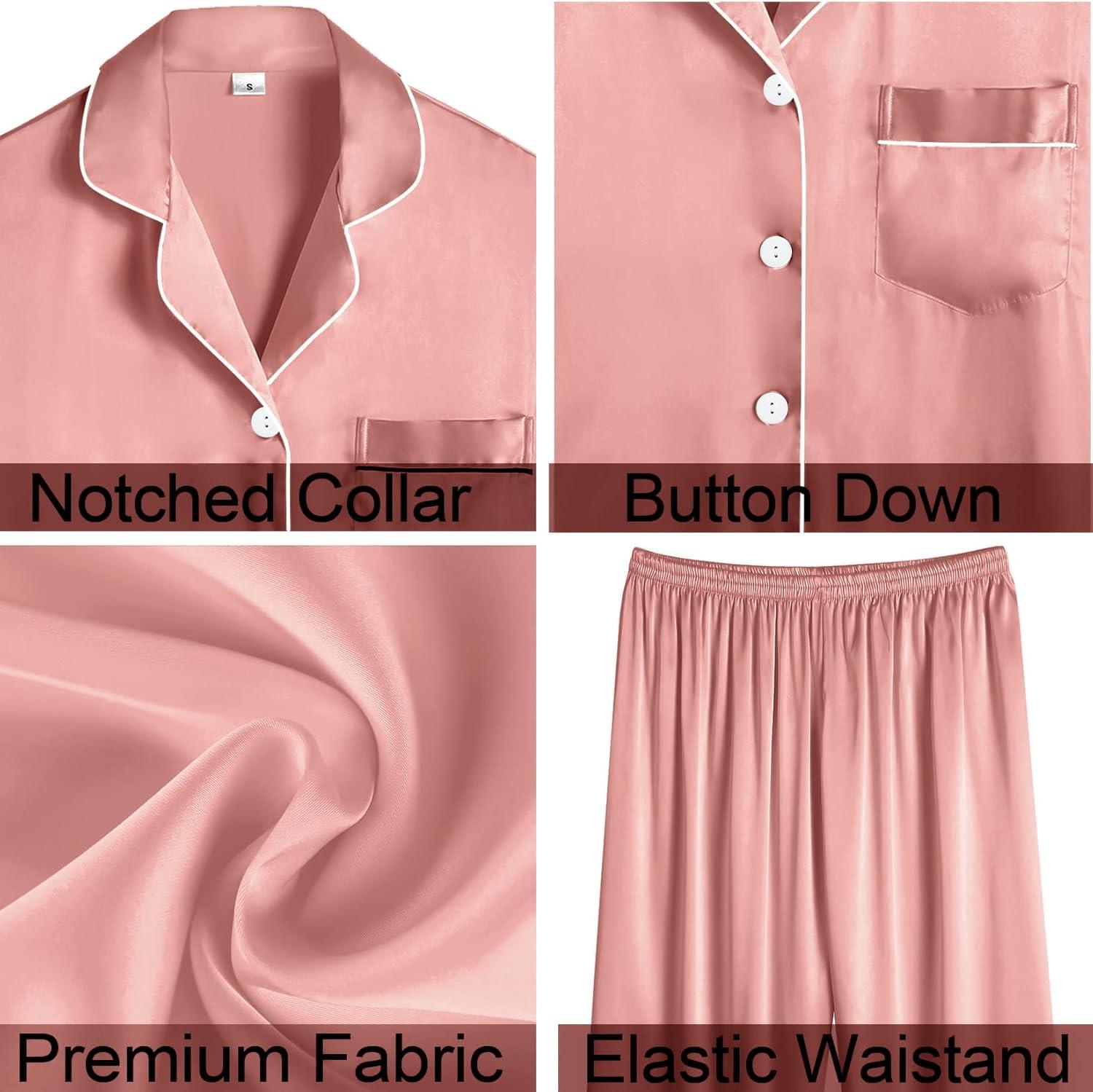 imageSWOMOG Womens 4pcs Pajamas Sets Silk Satin Pjs Sexy Cami Shorts Set Button Down Long Short Sleeve Sleepwear LoungewearMisty Rose