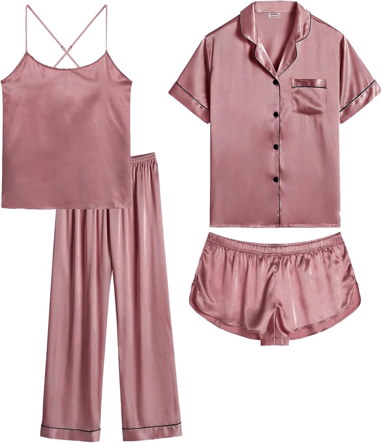imageSWOMOG Womens 4pcs Pajamas Sets Silk Satin Pjs Sexy Cami Shorts Set Button Down Long Short Sleeve Sleepwear LoungewearMisty Rose