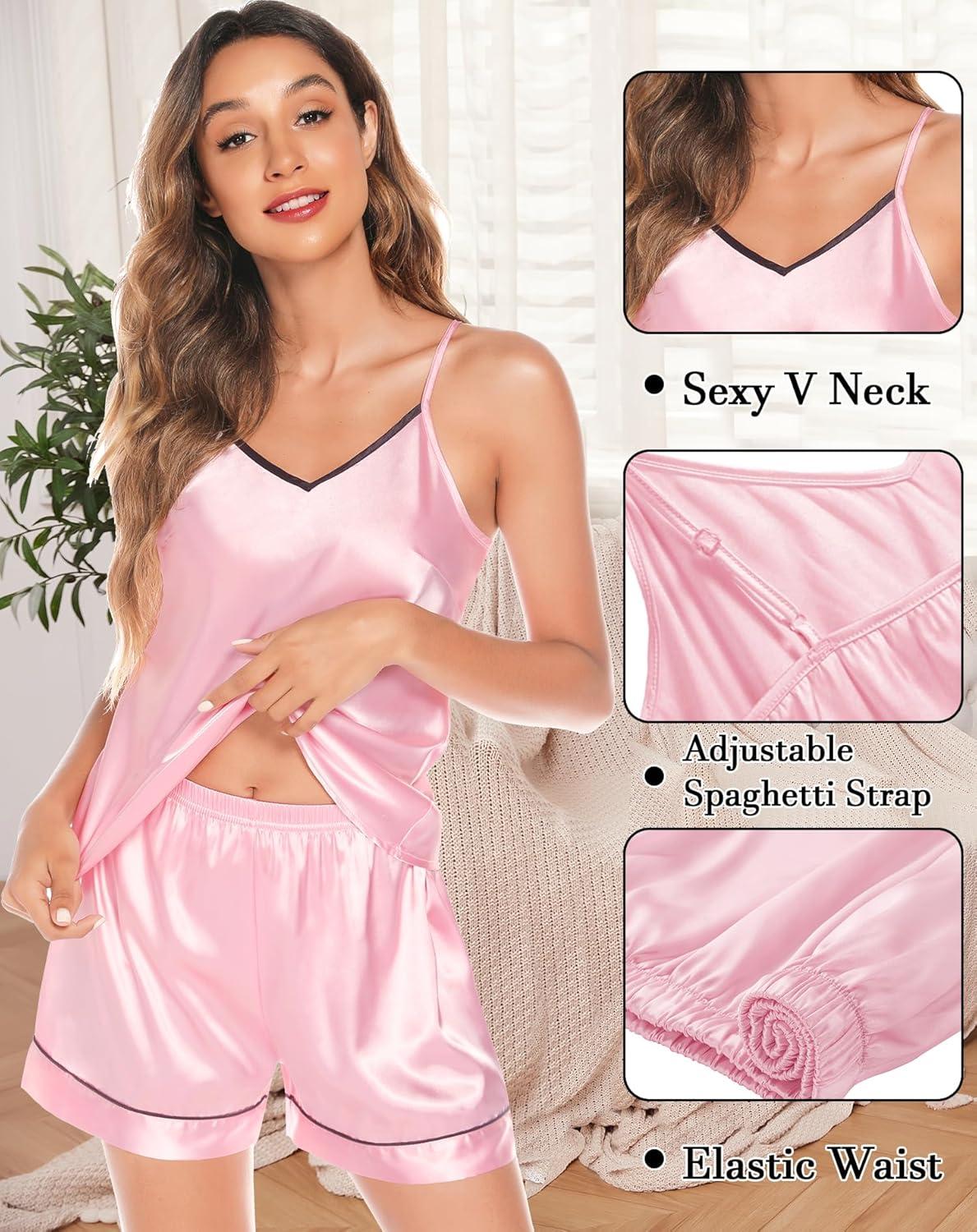 imageSWOMOG Womens 4pcs Pajamas Sets Silk Satin Pjs Sexy Cami Shorts Set Button Down Long Short Sleeve Sleepwear LoungewearPink