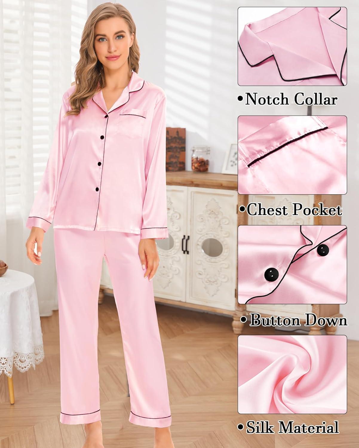 imageSWOMOG Womens 4pcs Pajamas Sets Silk Satin Pjs Sexy Cami Shorts Set Button Down Long Short Sleeve Sleepwear LoungewearPink