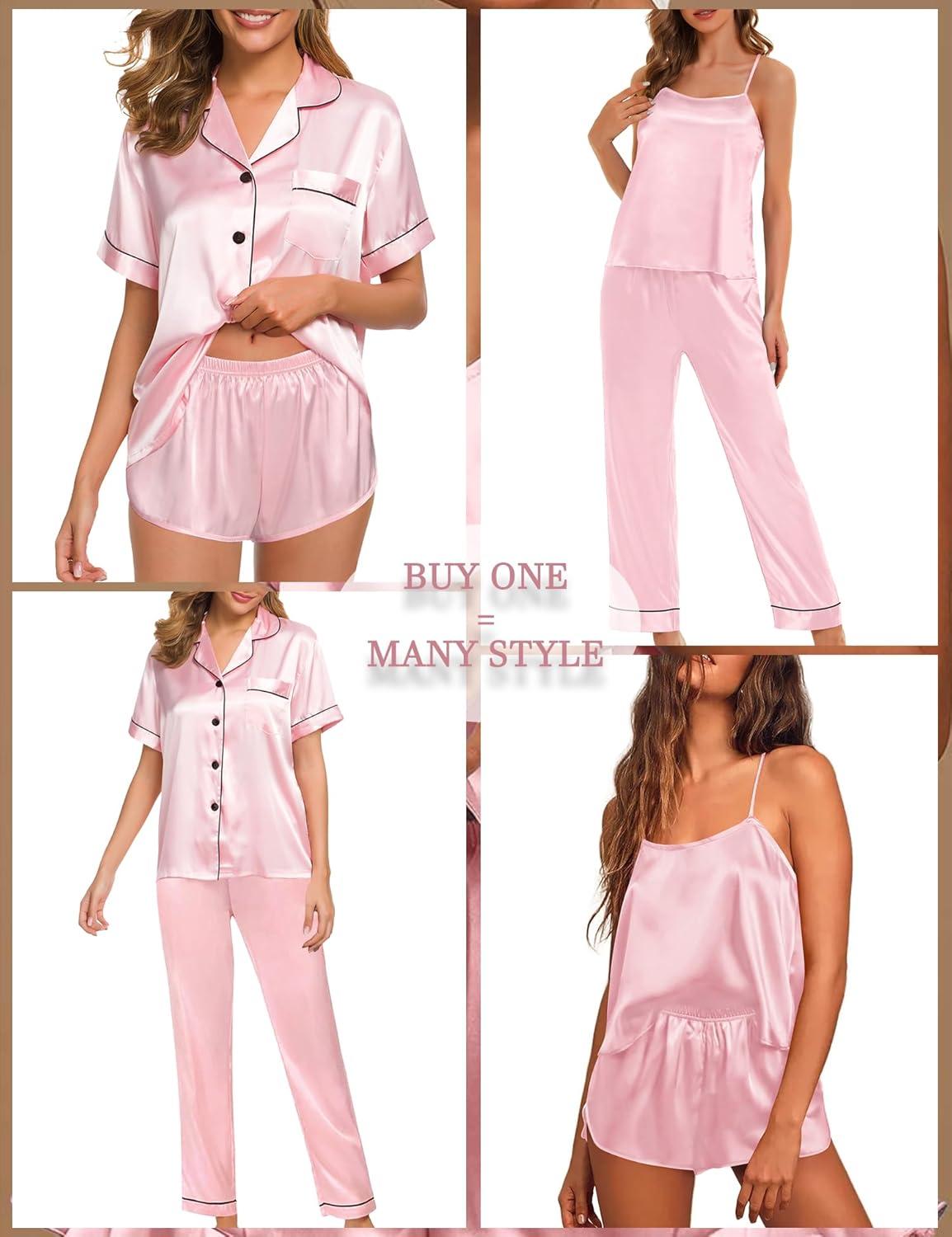 imageSWOMOG Womens 4pcs Pajamas Sets Silk Satin Pjs Sexy Cami Shorts Set Button Down Long Short Sleeve Sleepwear LoungewearPink
