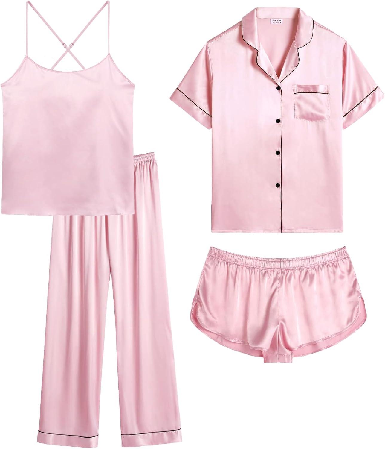 imageSWOMOG Womens 4pcs Pajamas Sets Silk Satin Pjs Sexy Cami Shorts Set Button Down Long Short Sleeve Sleepwear LoungewearPink