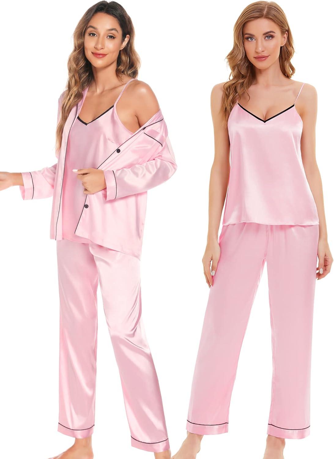 imageSWOMOG Womens 4pcs Pajamas Sets Silk Satin Pjs Sexy Cami Shorts Set Button Down Long Short Sleeve Sleepwear LoungewearPink