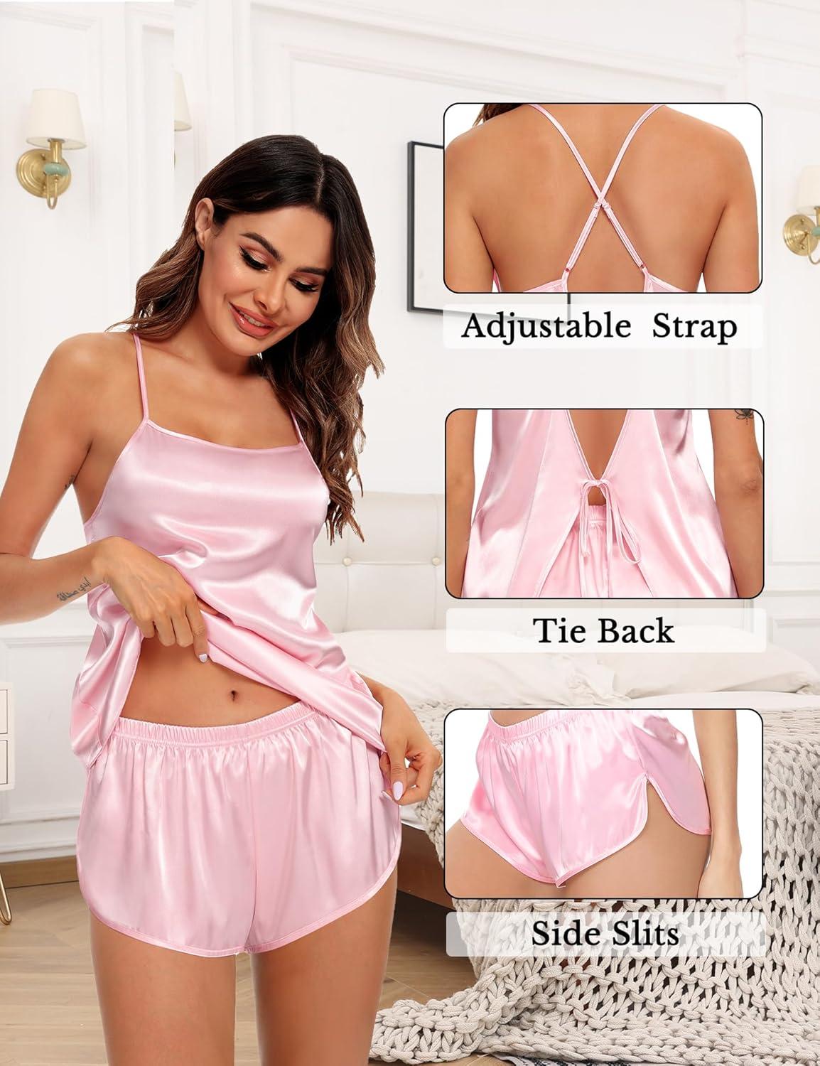 imageSWOMOG Womens 4pcs Pajamas Sets Silk Satin Pjs Sexy Cami Shorts Set Button Down Long Short Sleeve Sleepwear LoungewearPink