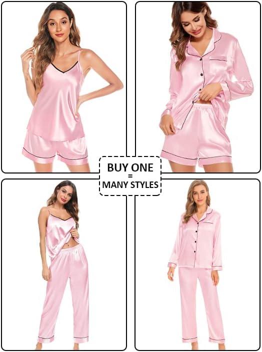 imageSWOMOG Womens 4pcs Pajamas Sets Silk Satin Pjs Sexy Cami Shorts Set Button Down Long Short Sleeve Sleepwear LoungewearPink
