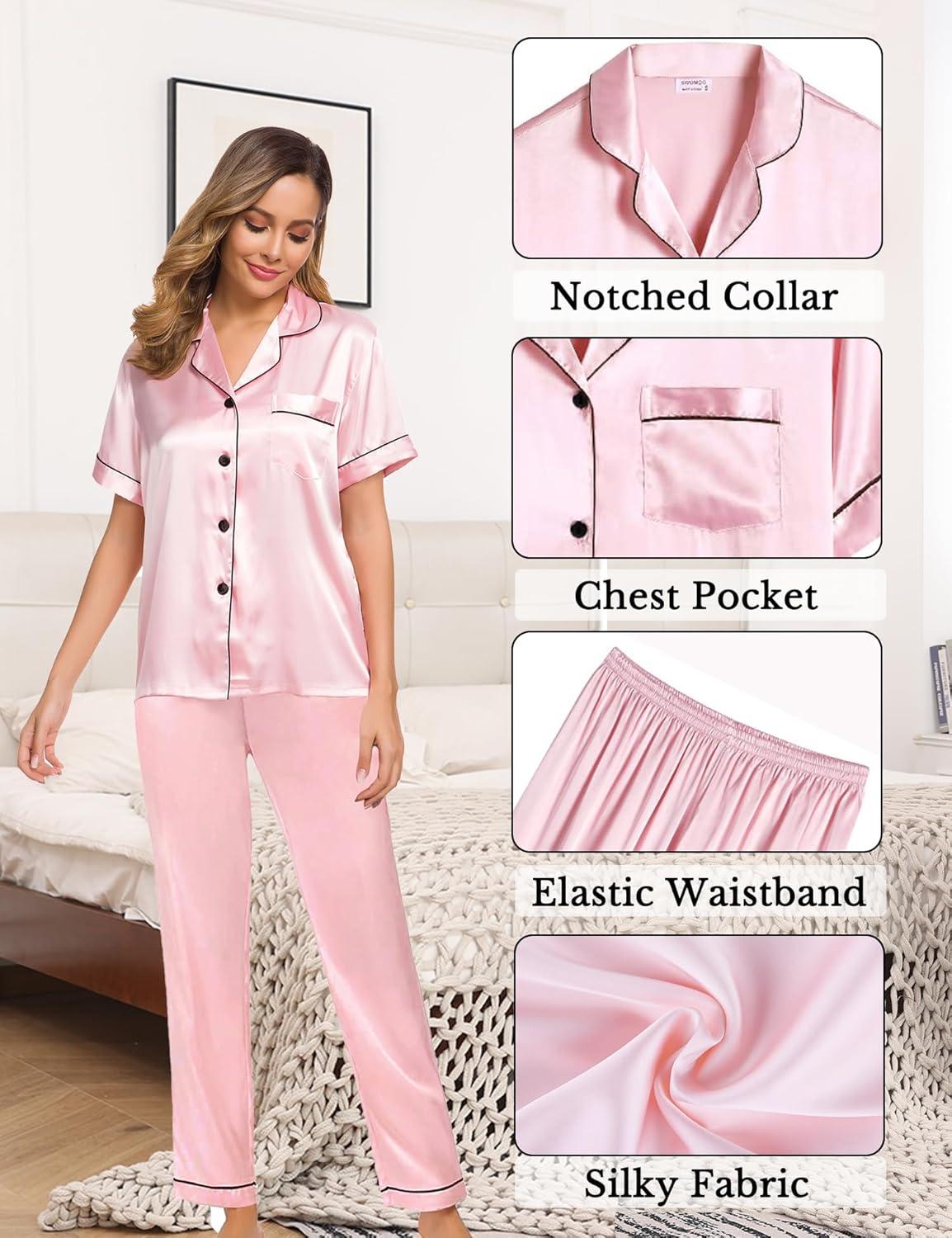 imageSWOMOG Womens 4pcs Pajamas Sets Silk Satin Pjs Sexy Cami Shorts Set Button Down Long Short Sleeve Sleepwear LoungewearPink