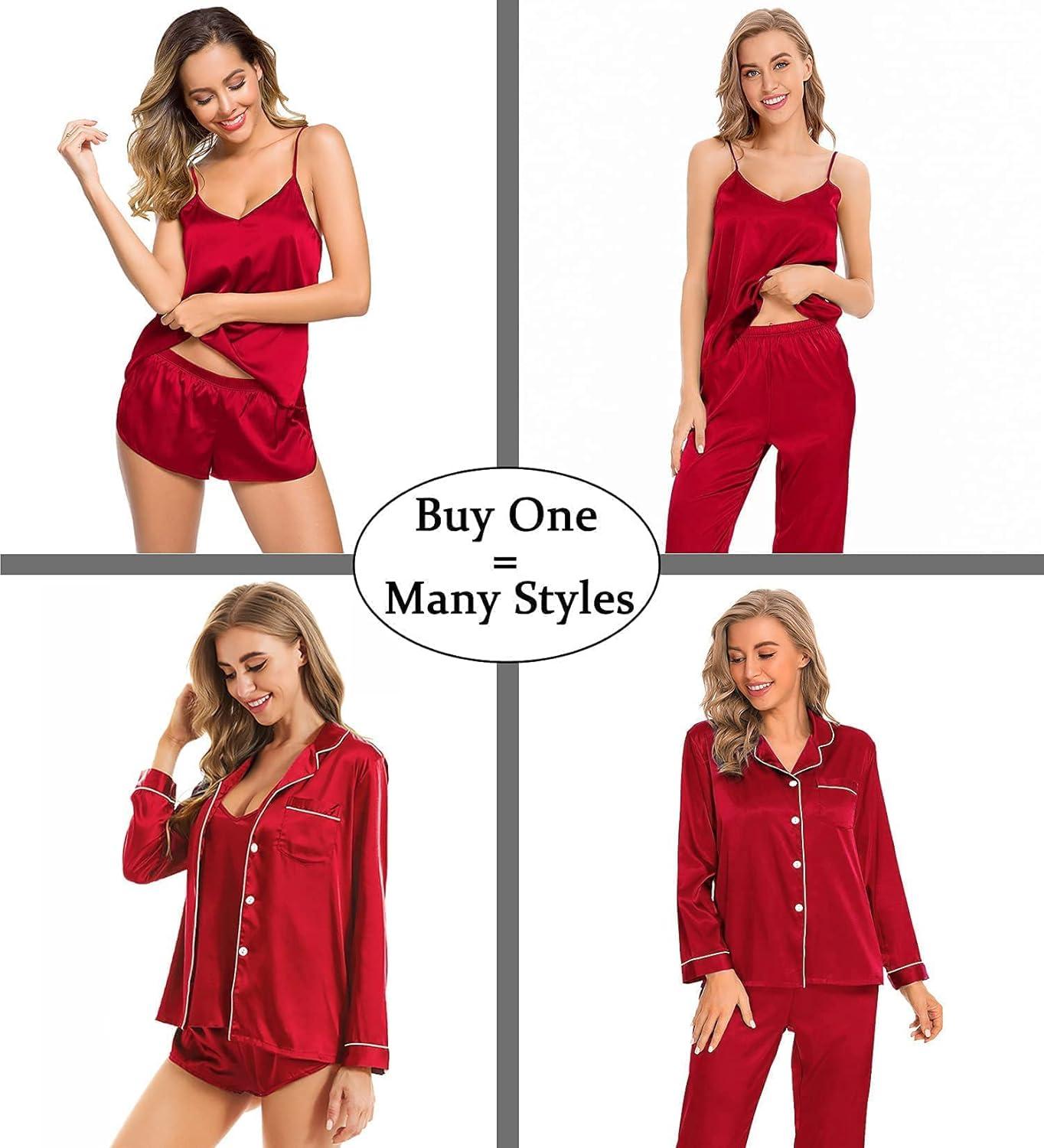 imageSWOMOG Womens 4pcs Pajamas Sets Silk Satin Pjs Sexy Cami Shorts Set Button Down Long Short Sleeve Sleepwear LoungewearRed